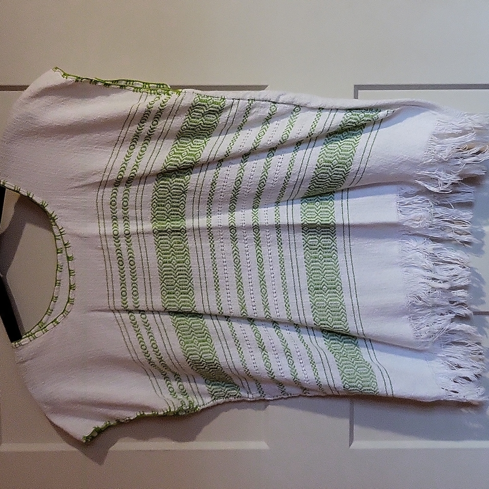 White and Lime Green Mexican Fringe Shirt